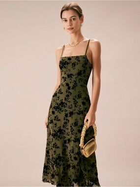 Rihoas Green Floral Burnout A-Line Slip Midi Dress